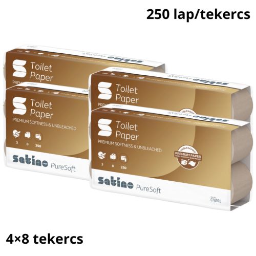 Satino PureSoft kis tekercses toalettpapír – 3 rétegű, 4 csomag (32 tekercs), 250 lap/tekercs